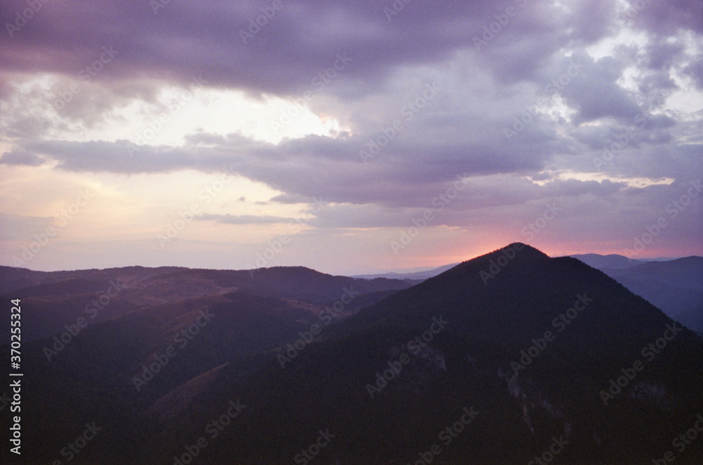 Panoramic view of the rocks at sunset near Belogradchik fortress in Bulgaria. Real grain scanned film.