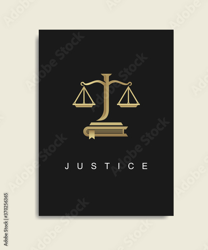 Justice scales and Law code books gold logo. Law judgment punishment order justice. monogram letter J . Legal and legislation authority. Vector illustration gold gradient