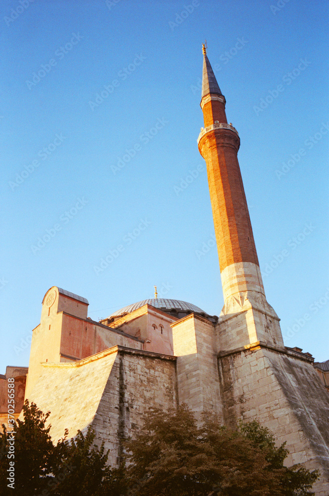 Panoramic view of the Blue Mosque at sunset in Istanbul in Turkey. Real grain scanned film.