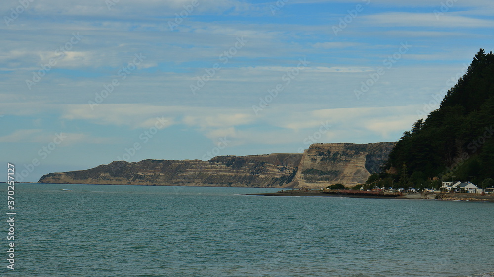 View of cliff layers (strata) on the coast, at Cape Kidnappers, near Clifton, Hawke's Bay, NZ