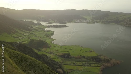 Aerial Pan Shot Sete Cidades Lagoa Azul Crater Lake, Sao Miguel Azores photo