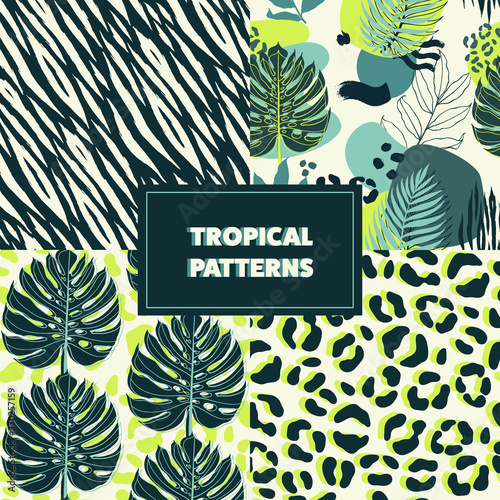 Abstract seamless backgrounds set. Tropical leaves, geometric figures and animal pattern. Vector illustartion.