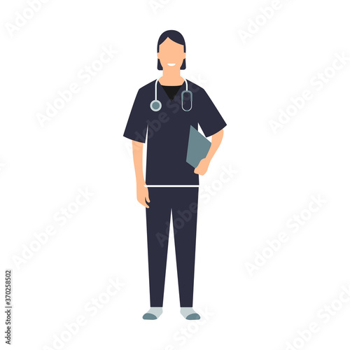 Doctora. Médico o enfermera. Personal de salud. Profesional. Hospital o clínica. Ilustración vectorial estilo plano