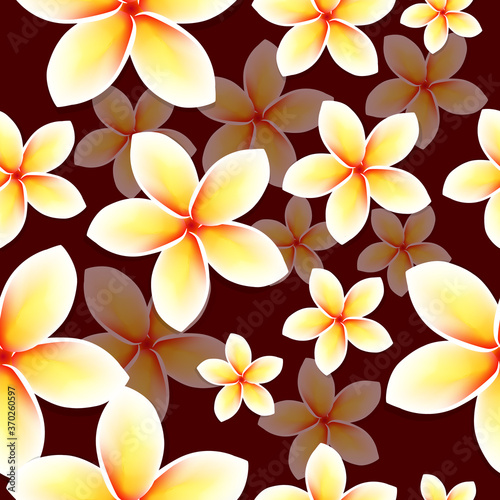 Frangipani . Plumeria. Tropical Flowers. Seamless Pattern Background. Vector Illustration