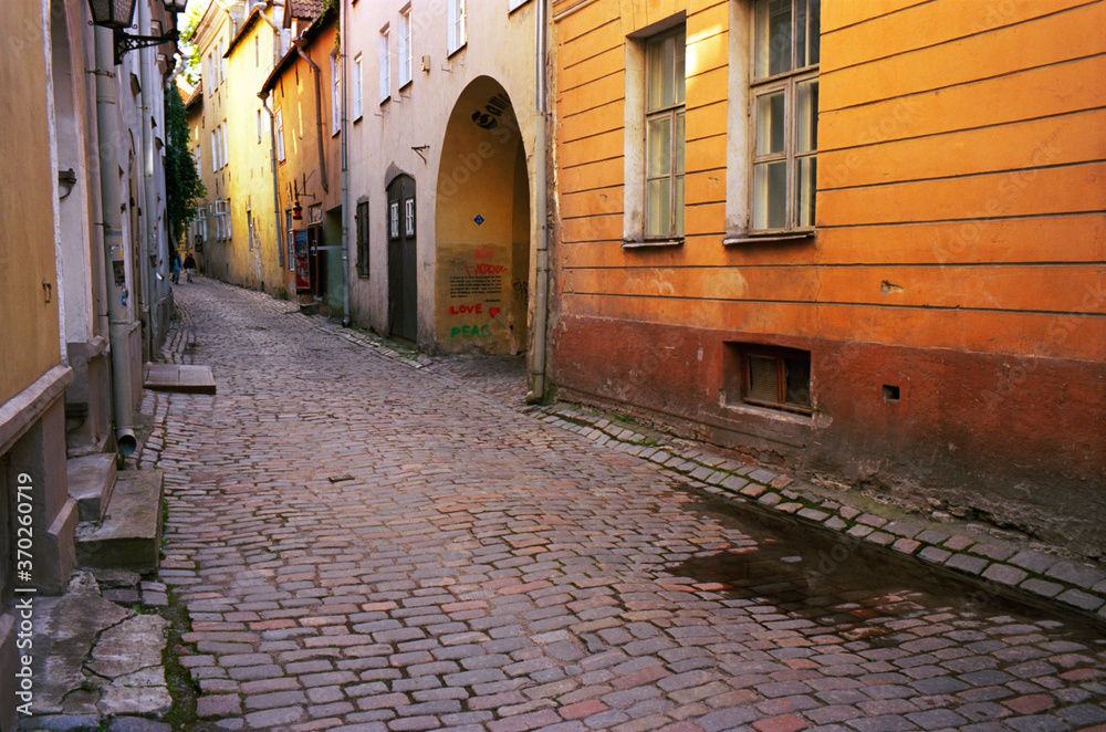 Panoramic view of the central streets of Tallinn on a summer morning in Estonia. Real grain scanned film.