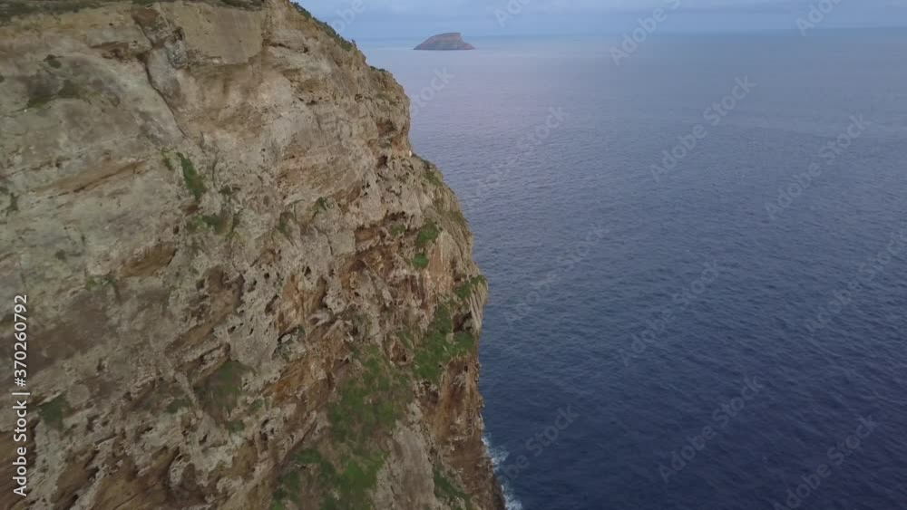 Aerial Fly By High Steep Rock Cliffs On Atlantic Ocean Coastline, Terceira, Aerial Fly By High Steep Rock Cliffs On Atlantic Ocean Coastline, Terceira,
