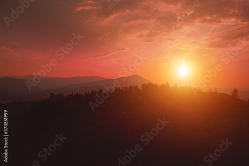 Panoramic view of the rocks at sunset near Belogradchik fortress in Bulgaria. 