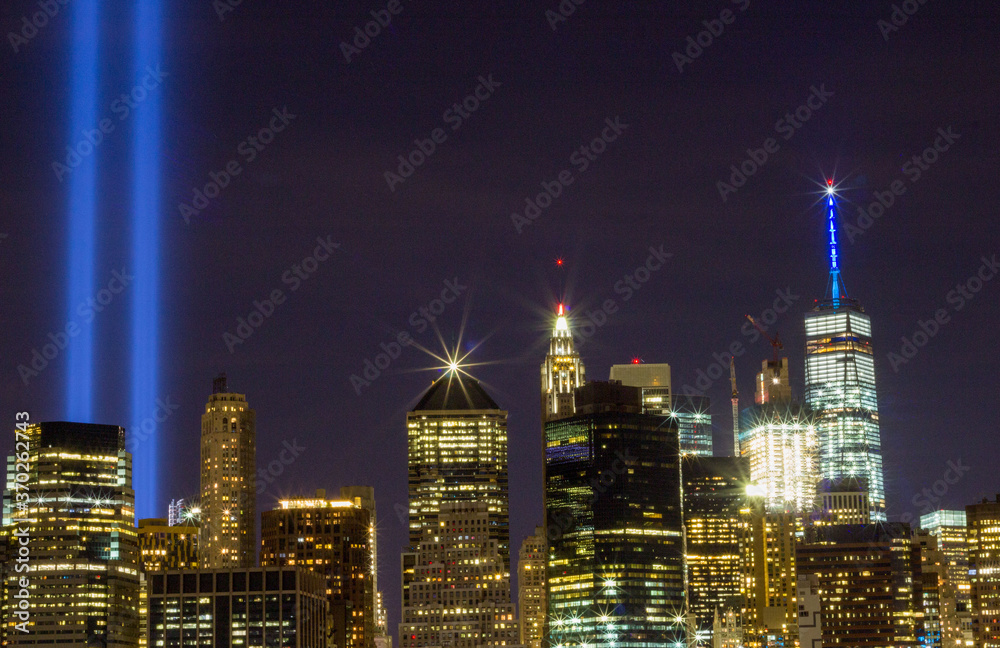 Fototapeta premium The twin lights from the world trade center, illuminated each September 11. 