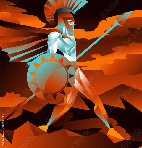 strong spartan warrior with shield and spear in underworld