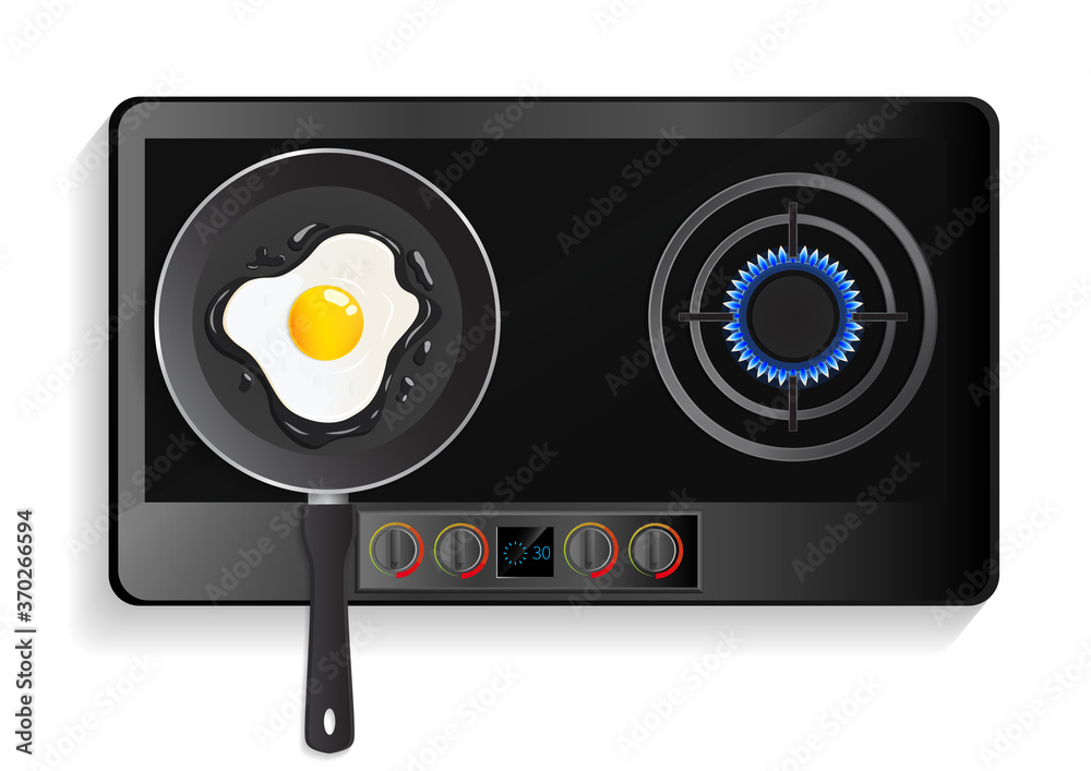 Fototapeta premium Kitchen stove with lit hob and fried egg on pan.