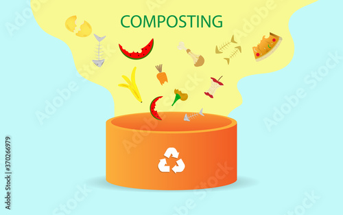Compost illustration, compost bin  with organic waste illustration for waste composting,  waste recycling process concept for compost organic waste vector illustration. 