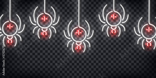 Vector realistic isolated neon sign of Spiders pattern for decoration and covering on the transparent background. Concept of Happy Halloween.
