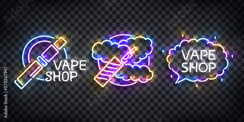Vector set of realistic isolated neon sign of Vape Shop logo for template decoration and covering on the transparent background. Concept of electronic cigarette.
