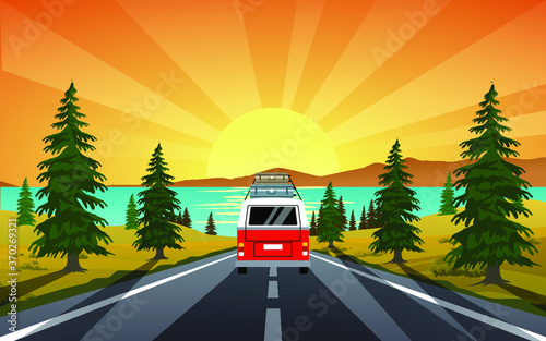 car on the highway on sunset