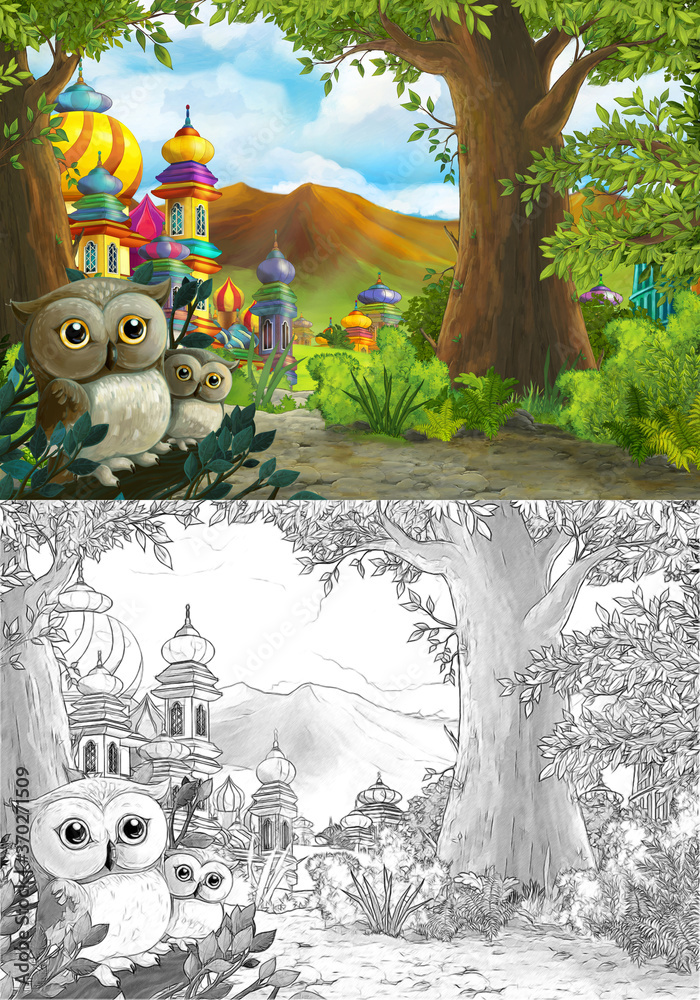Obraz premium Cartoon scene with owls with beautiful castle near forest