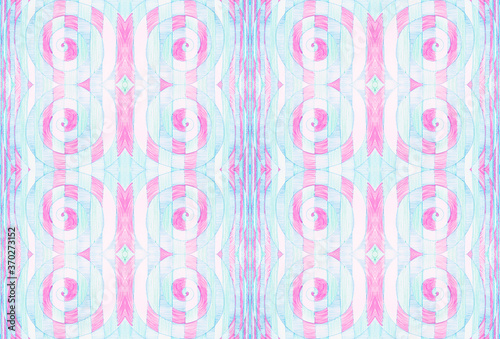 A cute seamless pattern of blue, pink and white spirals and lines with pencil hatching