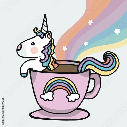 Unicorn coffee cup with rainbow cartoon vector illustration