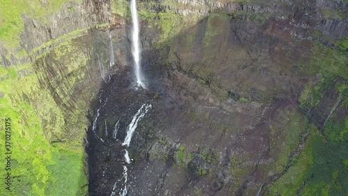 Aerial Crane Shot of Riberia Grande Waterfall near Fajazinha, Flores Island, photo