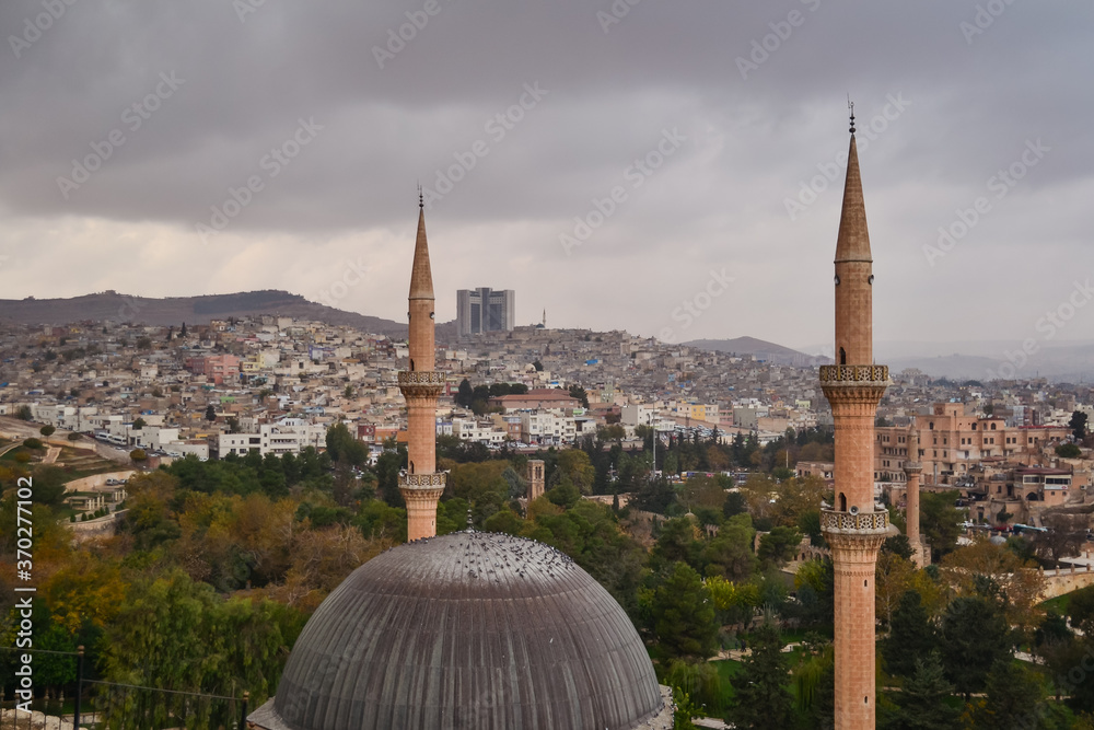 dramatic panoramic city view from fort with Mevlid Halil Mosque minaret