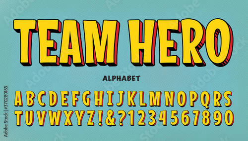 A Comic Superhero Font. Team Hero is a Vector Alphabet in Bright Yellow with a Red and Black 3d Drop. It Is Similar to Vintage Lettering Styles from the Classic Comic Book Genre.