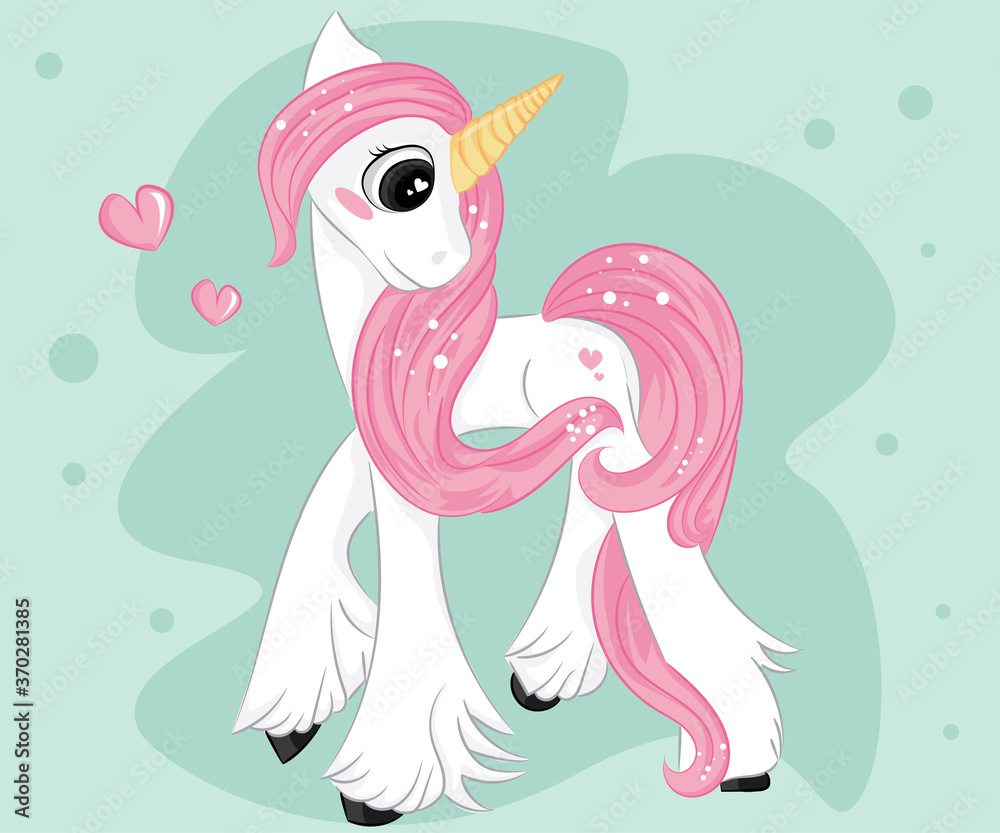 Hand drawn cute pink unicorn isolated on white background. Design element for greeting cards, t-shirt and other.