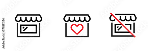 Set of stylized images of a store, with a heart and closed icons. Editable line vector.