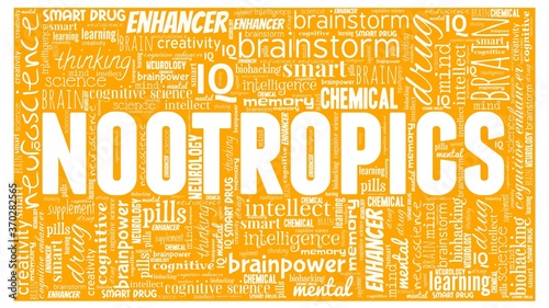 Nootropics brain enhancing drugs word cloud on a orange/yellow background