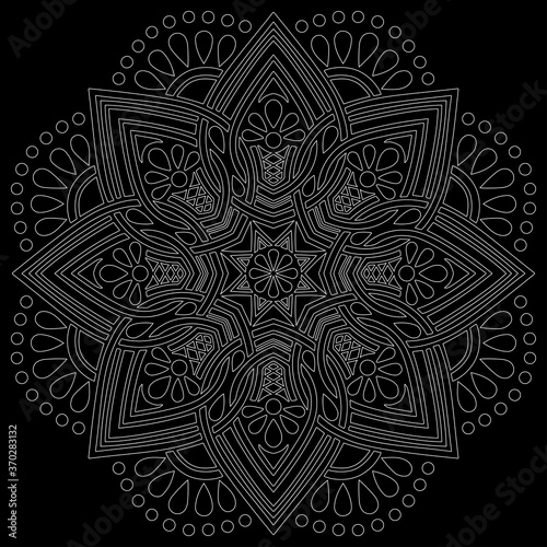 White outline mandala on a black doodles sketch