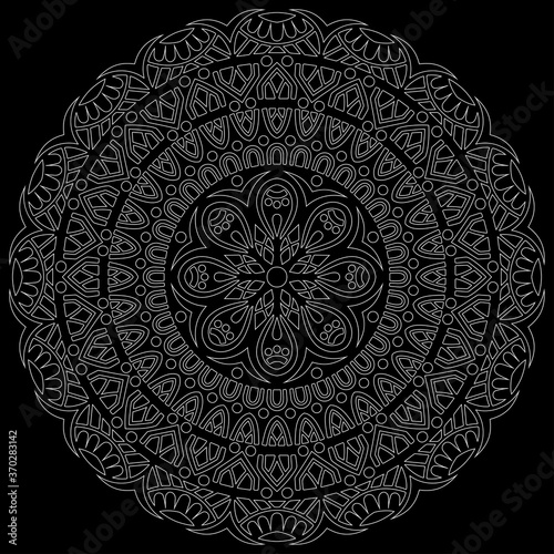 White outline mandala on a black doodles sketch