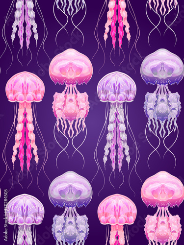 Neon cartoon pattern fluorescent jellyfish on a purple background. Underwater sea world. Ocean dwellers. Vector texture for fabrics, wallpapers and your design.