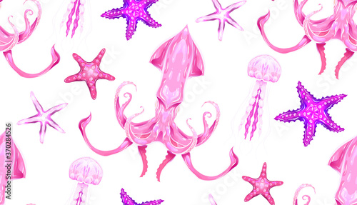 Neon cartoon pattern fluorescent squid, starfish and jellyfish on white background. Underwater sea world. Ocean dwellers. Vector texture for fabrics, wallpapers and your design.