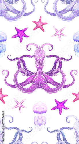Neon cartoon pattern fluorescent octopus, starfish and jellyfish on white background. Underwater sea world. Ocean dwellers. Vector texture for fabrics, wallpapers and your design.
