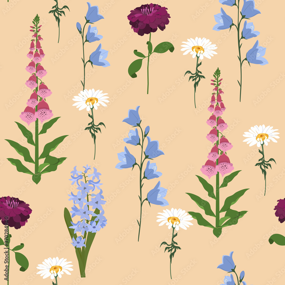 Seamless vector beautiful illustration with wildflowers