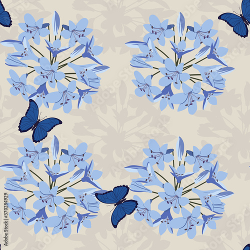 Seamless pattern.Butterflies and blue agapanthus flower pattern