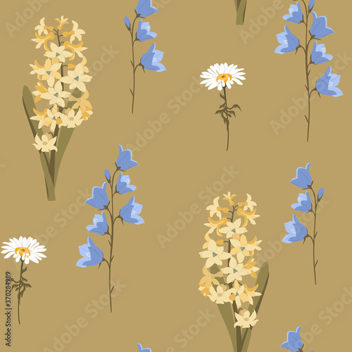 Seamless vector spring illustration with campanula,chamomile and hyacinths