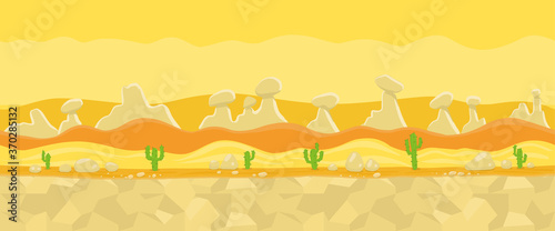 Desert sand wasteland. Game background. Seamless pattern. Landscape panorama. Unending vector flat illustration. Horizontal banner.