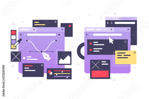 Set icons of web design, laptop, diagram, online app.