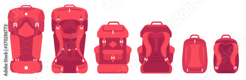 Backpack size. Baggage scale. Selection of hiking equipment. For travel trail trip adventure. Flat vector infographic.