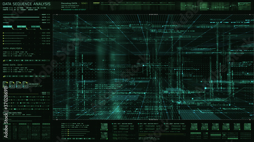 Futuristic holographic data sequence simulation of artificial neural networks intelligence analysis head up display background