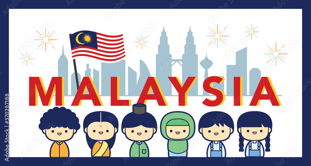 Malaysia National / Independence Day illustration with 3 race cute character Malay, Indian & Chinese kids. 31 August, Merdeka.