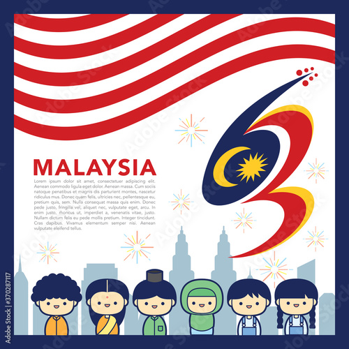 Malaysia National   Independence Day illustration with 3 race cute character Malay  Indian   Chinese kids. 31 August  Merdeka.