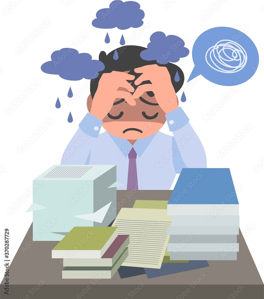 Vector Illustration about Man Feel Overwhelmed by His Works Vector Illustration about Man Feel Overwhelmed by His Works