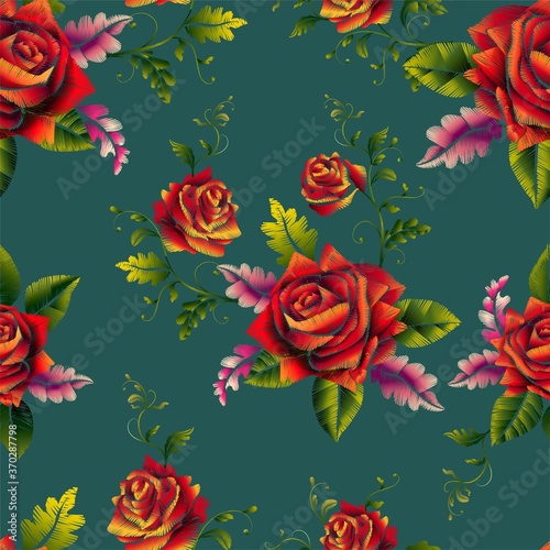 Red roses beautiful bouquet embroidery seamless pattern-vector.