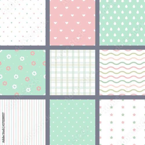 Nine baby theme soft pastel colors seamless patterns set