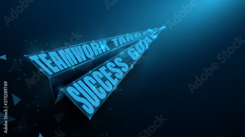 Paper airplane. Teamwork, Target, Success and Goal Concept. Wireframe Mesh, Lines, Triangles and Low Poly Style Design. Vector Illustration