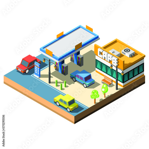 Isometric 3D Gas Station Building With Cafe And Cars Vector Design Style