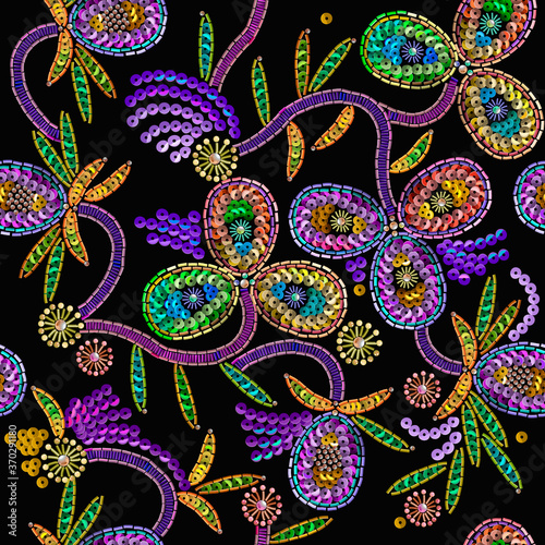 Sequins. Fashion floral seamless pattern. Embroidery art. Fashionable design for dresses, handkerchief, clothes.Realistic precious flowers. Jewelry background. Template for clothing, fabric, textile