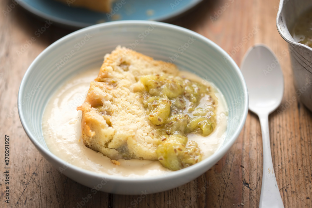 Cooked gooseberry summer pudding with vanilla custard and gooseberry & elderflower compote
Cooked gooseberry summer pudding with vanilla custard and gooseberry & elderflower compote