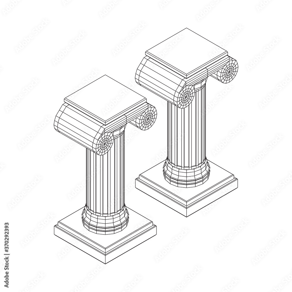 Greek ionic column. Ancient pillars roman antique architecture construction decoration. Wireframe low poly mesh vector illustration. Greek ionic column. Ancient pillars roman antique architecture construction decoration. Wireframe low poly mesh vector illustration.