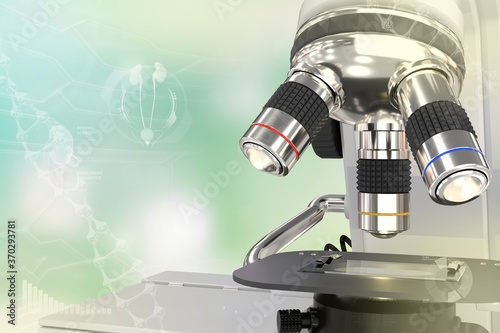 Medical study concept, laboratory hi-tech scientific microscope on colorful overlay background - medical 3D illustration